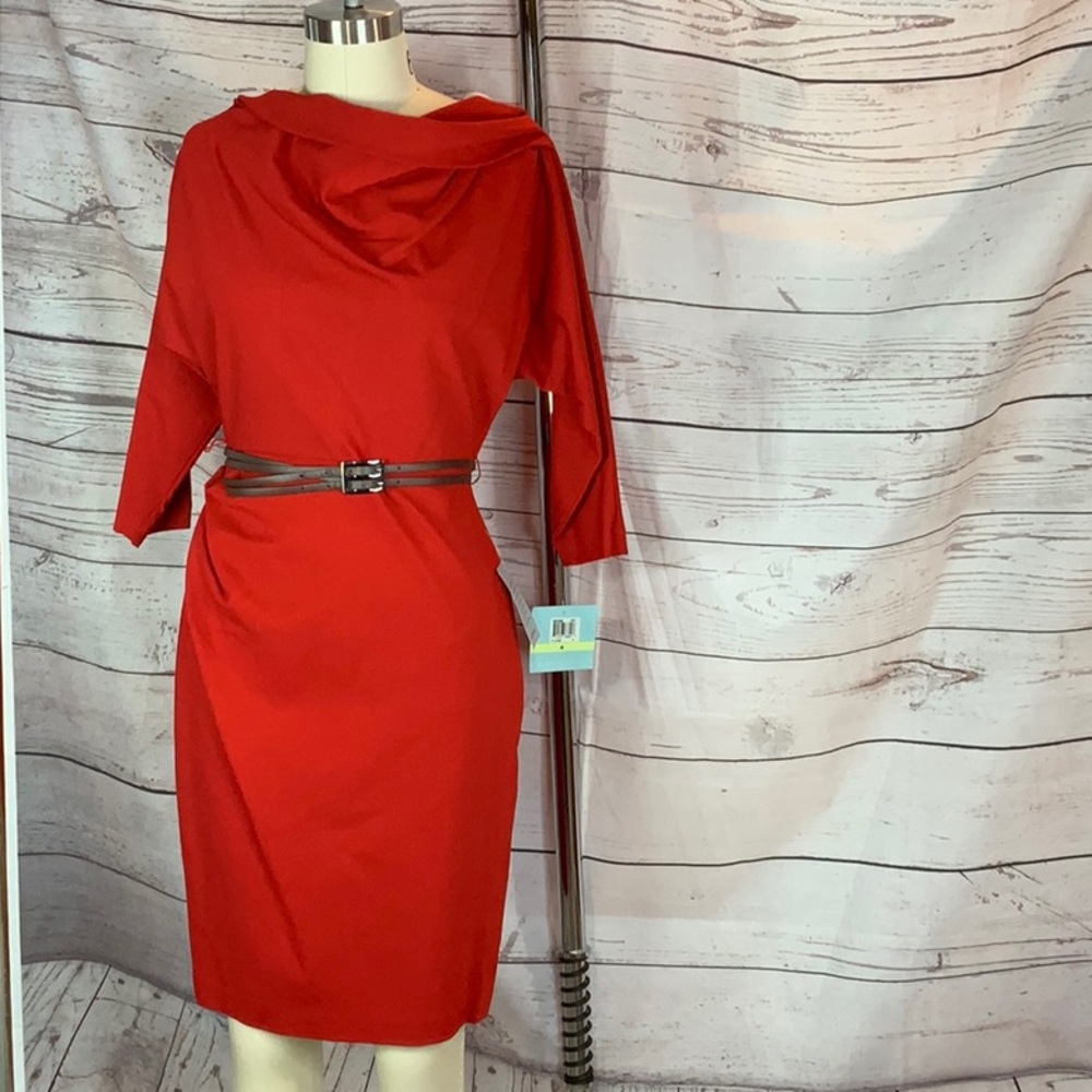 Suzi Chin NWT red drape front ruched pencil sheath dress